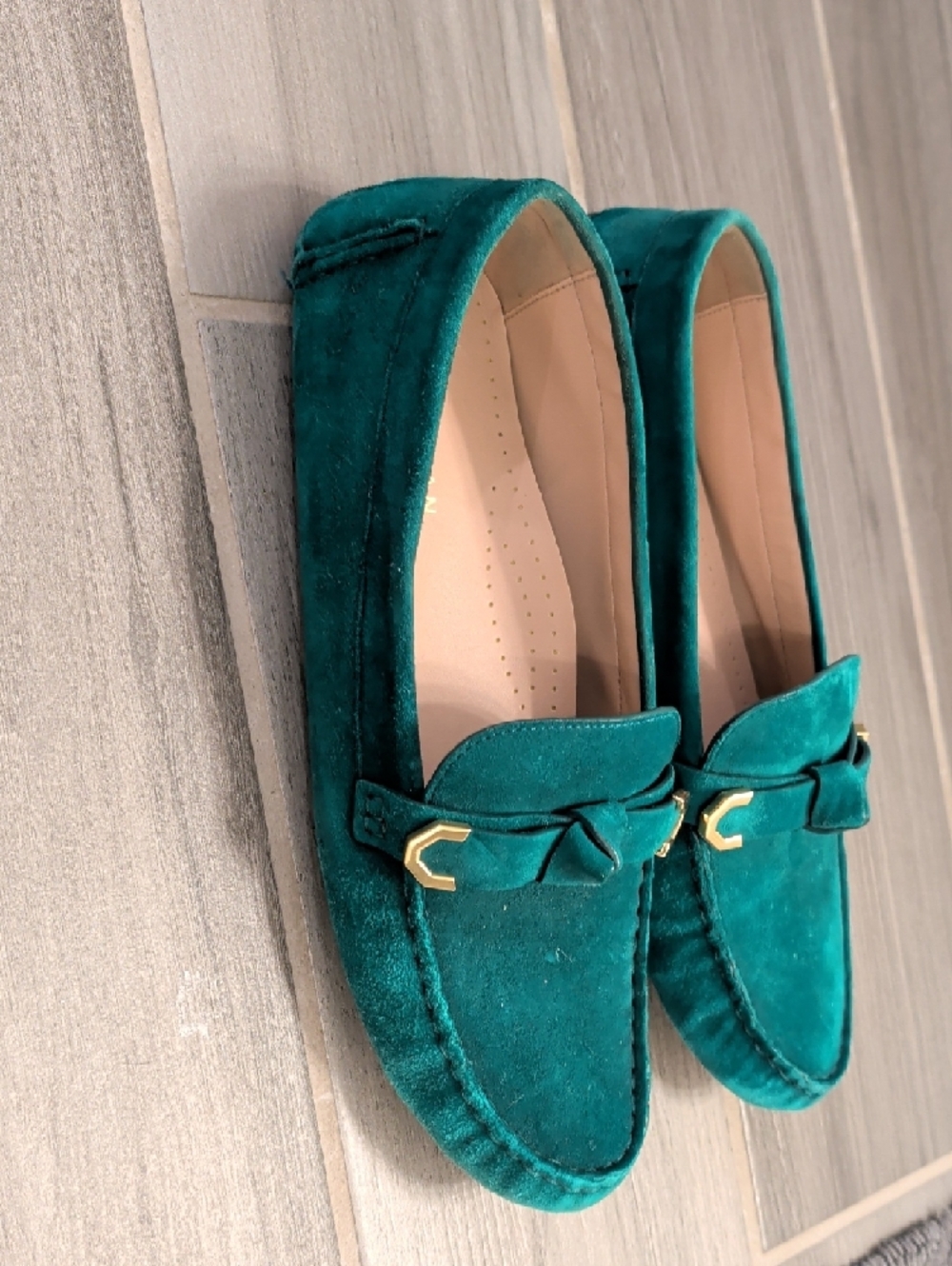 GUC Cole Haan Teal Suede Loafers with Gold Accent - Picture 3 of 6